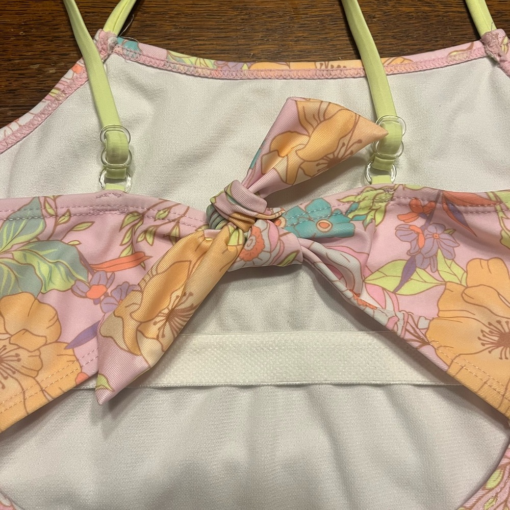 Justice Floral Girls Cute One Piece Swimsuit L 12/14 Swimwear Tie Detail at Back - Picture 5 of 11